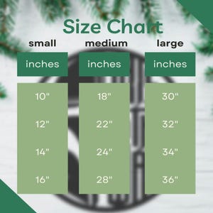May include: A size chart with measurements in inches for small, medium, and large sizes. The chart displays measurements ranging from 25.4 cm to 91.4 cm. The text "Size Chart" is at the top.