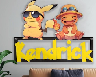 Personalized Pikachu Metal Wall Sign - Gaming Room Decor - Customized Kids Name wall Art -  Charmander And Pikachu Entry way Door Sign