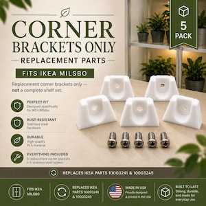 以下が含まれることがあります： IKEA Milsboキャビネットの交換部品として設計された、5個入りの白いプラスチック製コーナーブラケット。中央にネジ穴がある5つの白いブラケットと、取り付けおよび組み立て用の5本のステンレス製ネジが含まれています。