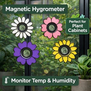 Magnetic Flower Hygrometer for Plant Cabinets – Daisy, Primrose, Sunflower Temp & Humidity Gauge