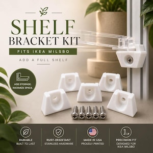Puede incluir: Un kit de soportes para estantes de armarios IKEA Milsbo, que incluye cinco soportes de plástico blanco y cinco tornillos de acero inoxidable. El kit incluye el texto Shelf Bracket Kit, Fits IKEA Milsbo, Add a Full Shelf y Durable.