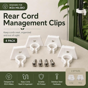May include: Four white plastic cord management clips designed for IKEA Milsbo cabinets, featuring a trapezoidal base with a circular opening and four metal screws. The text reads Rear Cord Management Clips, 4 Pack, and 2 Styles: Loop and Vase.