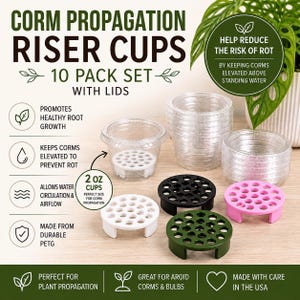 May include: A 10-pack set of 2 oz clear plastic corm propagation riser cups with lids. Includes white, black, pink, and dark green circular inserts with perforated holes for airflow and water circulation to keep corms elevated and prevent rot.