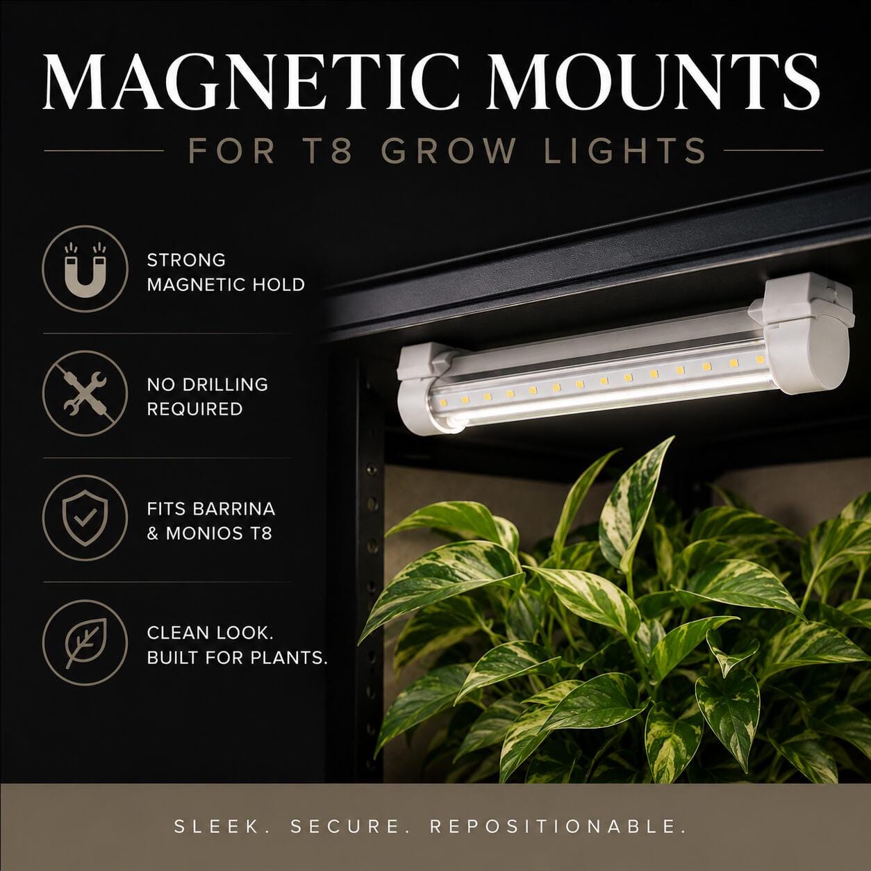 Magnetic Mount for Barrina and Monios T8 Grow Lights | No Drill