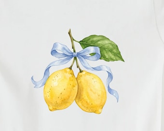 Lemon Bow PNG | Watercolor Lemon Sublimation Design | Summer Fruit Shirt Graphic | Blue Coquette Bow Trendy Summer Png, Digital Download