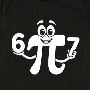 May include: Black t-shirt featuring a white graphic of the number 6, the pi symbol, and the number 7, with a smiling face incorporated into the pi symbol. The design is centered on the front of the shirt.
