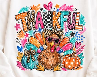 Thankful Turkey PNG | Colorful Thanksgiving PNG | Funny Leopard Turkey Shirt Graphic (Digital Download)