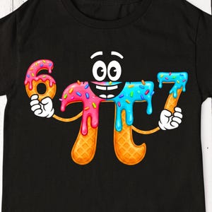 May include: Black t-shirt with a cartoon pi symbol made of donuts. The pi symbol is holding the numbers 6 and 7, with pink, blue, and orange icing. A fun and playful design.