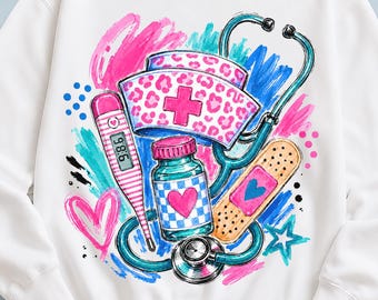 Nurse PNG | Colorful Medical Sublimation Design | Leopard Nurse Hat Stethoscope Graphic | Healthcare Worker Shirt Download