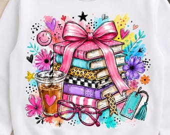 Preppy Book Stack  PNG | Book Lover Shirt Graphic | Teacher PNG | Girl School Shirt | Digital Download