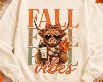 Highland Cow Fall PNG | Fall Vibes Sublimation Design | Cozy Autumn Cow Shirt Graphic | Digital Download