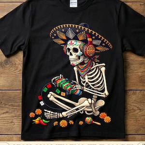 Niño gamer del Cinco de Mayo PNG / Niño gamer mexicano esqueleto PNG / Gráfico de controlador de calavera de azúcar / Camiseta de fiesta gamer para niño / Descarga digital