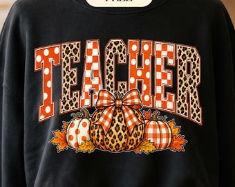 Teacher Thanksgiving PNG | Fall Teacher Sublimation | Pumpkin Plaid Leopard Shirt Design | Autumn Teacher Digital Download