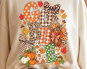 Gobble Thanksgiving PNG | Turkey Sublimation Design | Pumpkin Leopard Plaid Fall Shirt Graphic | Autumn Digital Download