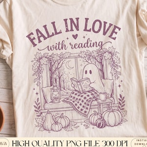Fall in Love with Reading PNG, Fall Png, Autumn Png, Book Lovers Shirt, Trendy Stripes Cozy Fall Season, Pumpkin Ghost Png, Digital Download