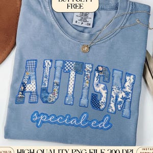Autism Special Ed Faux Patchwork PNG | Autism Awareness Blue Toile Patchwork Faux Quilted Design | Autism Acceptance Shirt PNG