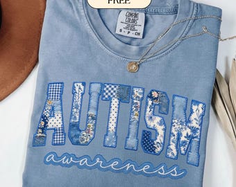 Autism Awareness Faux Patchwork PNG | Autism Blue Toile Patchwork Faux Quilted Design | Autism Acceptance Shirt PNG