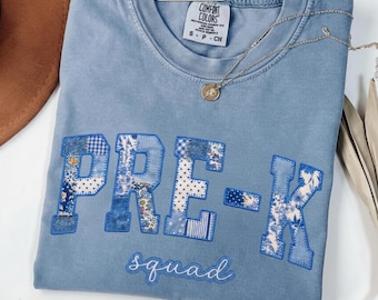 Pre-K Squad PNG | Blue Faux Patchwork Sublimation | Preschool Teacher Graphic | Denim Floral Back To School Shirt | Digital Download