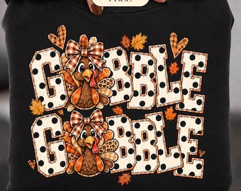 Gobble Gobble PNG | Thanksgiving Turkey Sublimation | Polka Dot Plaid Bow Turkey Shirt Design | Digital Download