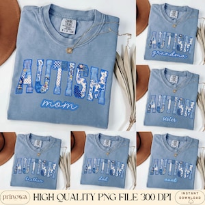 May include: Light blue t-shirts with the word "AUTISM" in patchwork letters. The shirts have different titles: "mom", "grandma", "sister", "brother", "dad", and "aunt". Each shirt has a gold necklace. The text "HIGH QUALITY PNG FILE 300 DPI" is at the bottom.