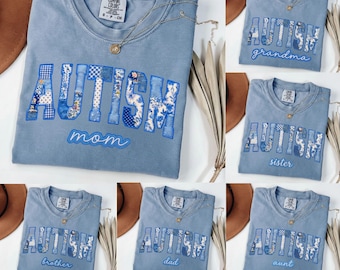 Autism Family Faux Patchwork PNG | Autism Blue Toile Patchwork Faux Quilted Design | Autism Acceptance Shirt PNG