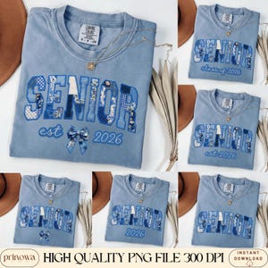 PNG de patchwork falso para graduados de 2026, paquete +6 diseños para la clase de 2026, camiseta de graduación, bordado falso de toile azul por sublimación