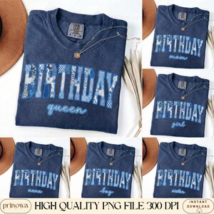 May include: Navy blue t-shirts with "BIRTHDAY" in patchwork letters and the words "queen", "mom", "girl", "nana", "boy", and "sister". Each shirt has a gold necklace. The image also includes a brown hat and text that reads "HIGH QUALITY PNG FILE 300 DPI".