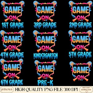 May include: A collection of nine digital graphic designs featuring a baseball home plate icon with dripping blue and pink paint effects. Each design includes the text GAME ON and a specific grade level from Pre-K to 6th Grade in blue font.