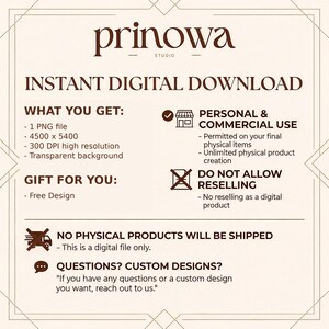 May include: A digital download graphic with the text "prinowa studio" at the top. The image details what you get, including a PNG file, high resolution, and transparent background. It also states "Personal & Commercial Use" and "Do Not Allow Reselling."