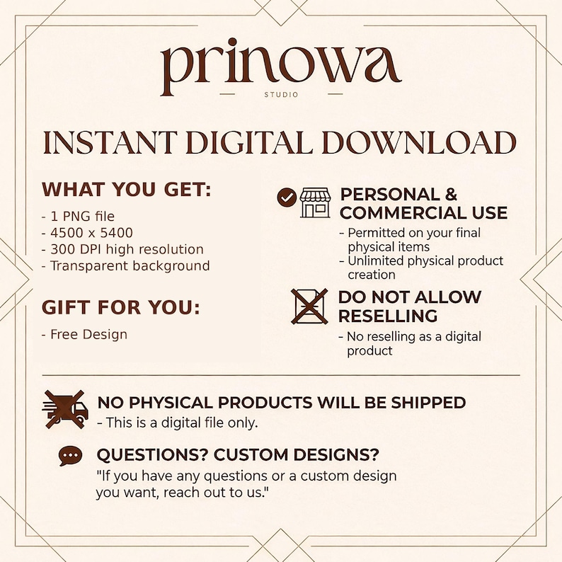 May include: A digital download graphic with the text "prinowa studio" at the top. The image details what you get, including a PNG file, high resolution, and transparent background. It also states "Personal & Commercial Use" and "Do Not Allow Reselling."