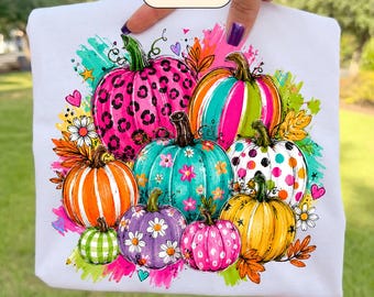 Colorful Pumpkin PNG | Fall Pumpkin Sublimation Design | Leopard Checkered Autumn Shirt Graphic | Digital Download