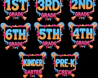 Grade School PNG Bundle, 1st 2nd 3rd 4th 5th 6th Grade Kindergarten Prek, Baseball Drip Back To School First Day of School, Digital Download