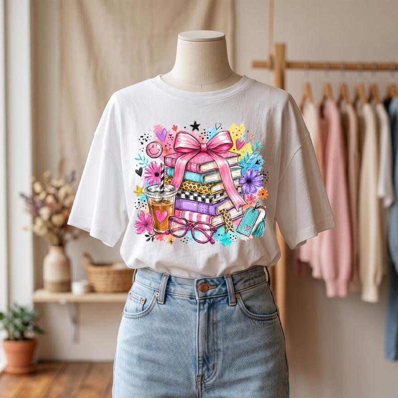 May include: A white t-shirt featuring a colorful graphic print of a stack of books tied with a large pink bow, a glass of iced coffee, pink reading glasses, and various decorative elements including flowers, hearts, stars, and a smiley face.