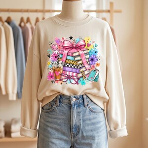 Preppy Book Stack PNG | Book Lover Shirt Graphic | Teacher PNG | Girl School Shirt | Digital Download image 3