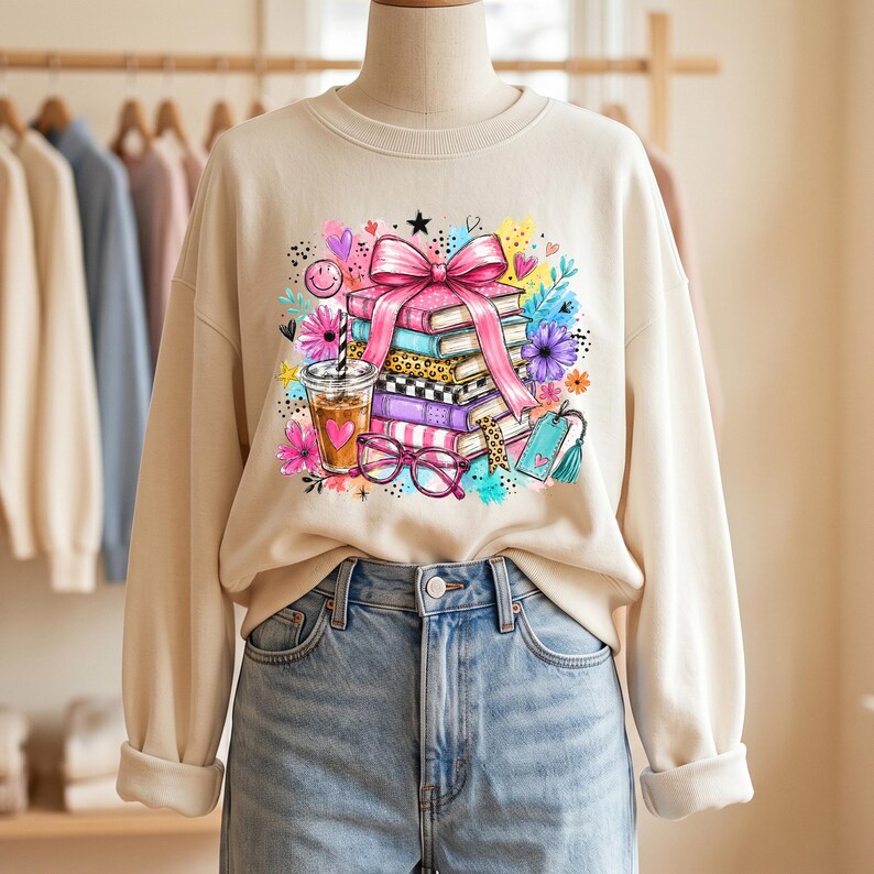 Preppy Book Stack PNG | Book Lover Shirt Graphic | Teacher PNG | Girl School Shirt | Digital Download image 3