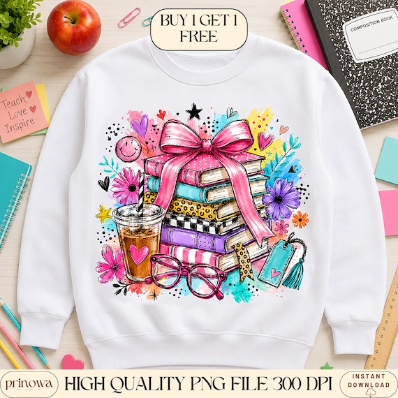 Preppy Book Stack  PNG | Book Lover Shirt Graphic | Teacher PNG | Girl School Shirt | Digital Download