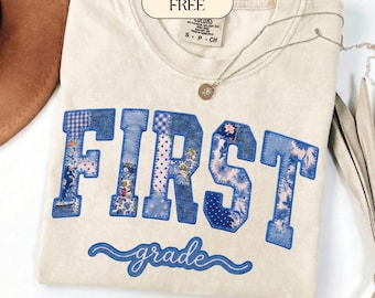 Chemise de professeur de première année, chemise bleue de conception de première année de faux patchwork de toile, appréciation d'enseignant de première année, sublimation d'école primaire