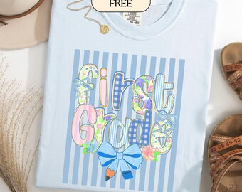 Première année PNG | Sublimation noeud coquette preppy | Graphisme floral pastel pour professeur Vichy | Design de chemise pour la rentrée scolaire | Téléchargement numérique