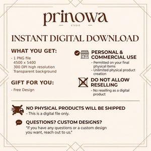 May include: Cream-colored digital download graphic with text. The top reads "prinowa STUDIO" and "INSTANT DIGITAL DOWNLOAD." Details include file type, resolution, and usage rights. Text states "No physical products will be shipped."