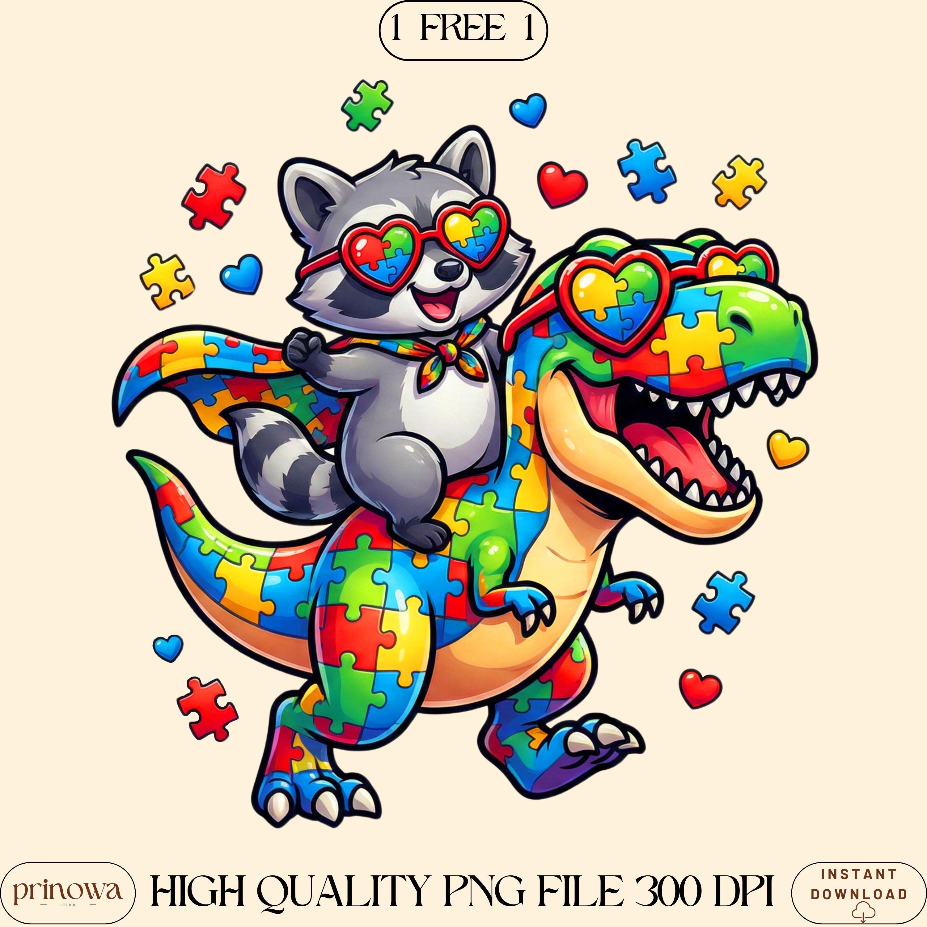 Raccoon Riding Dinosaur Autism PNG | Funny Autism Boy PNG | Dinosaur ...