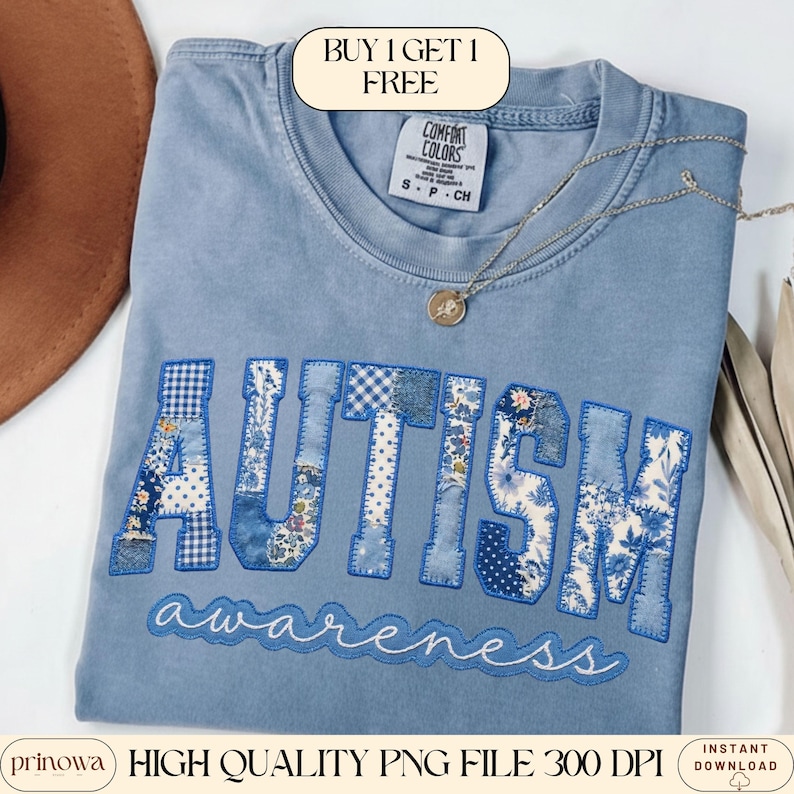 Autism Awareness Faux Patchwork PNG | Autism Blue Toile Patchwork Faux Quilted Design | Autism Acceptance Shirt PNG image 1