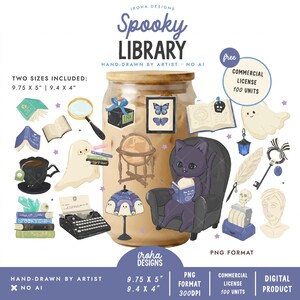 May include: A digital collection of Spooky Library themed illustrations featuring a glass jar, a black cat reading in a chair, ghosts, books, a typewriter, a globe, a magnifying glass, a skull, a key, and a bust, with text labels including Spooky Library.