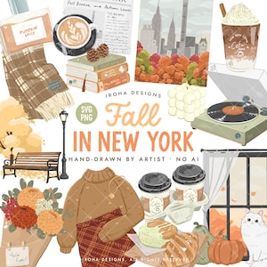 May include: A digital illustration collection titled Fall In New York featuring a pumpkin spice candle, coffee, books, a plaid scarf, a New York City skyline, a record player, a sweater, a skirt, pastries, a pumpkin, and a white cat.
