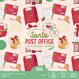 May include: A seamless digital pattern featuring Christmas-themed illustrations on a light pink background. Elements include red mailboxes labeled Letters for Santa, envelopes, gingerbread cookies in mugs, gold bells with red bows, and pinecones.