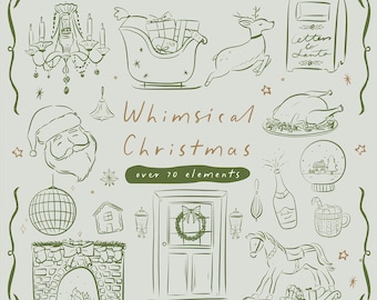 Hand Drawn Whimsical Christmas Clipart Set | SVG, PNG | Holiday Elements | Vintage Cozy Line Art | Scrapbooking | Invitations & Branding