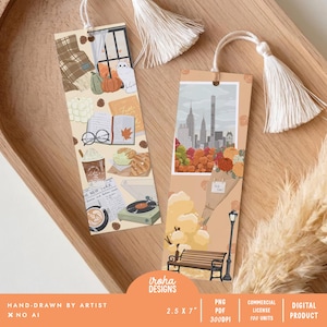 Op de afbeelding: Twee rechthoekige papieren bladwijzers met witte kwastjes. De linker bladwijzer bevat illustraties van een kat, pompoen, open boek, bril, koffie en platenspeler. De rechter bladwijzer toont een stadsgezicht, bloemen en een parkbank.