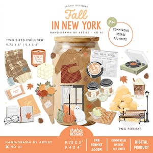 May include: A digital illustration set titled Fall in New York featuring a glass jar with a bamboo lid, a plaid blanket, pumpkin spice candles, a newspaper, a record player, coffee cups, a bouquet, a cat, pumpkins, and a park bench in PNG format.