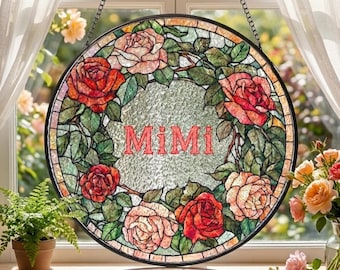 Personalized Mimi Stained Glass Suncatcher, Custom Birthday Gift for Mom Grandma, Floral Window Hanging Decor