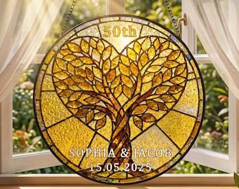 Personalized 50th Anniversary Stained Glass, Tree of Life Suncatcher, Custom Golden Wedding Gift, Valentine's Day Gift