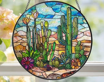 Cactus Stained Glass Suncatcher, Flowers Window Art Hanging, Birthday Gift, Artwork gift for her